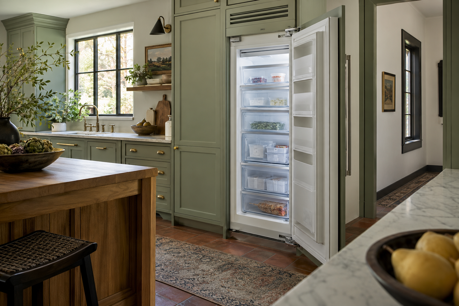 Illustrative Sub-Zero freezer in a residential kitchen — AI image for Sub-Zero Repair Golden’s Bridge