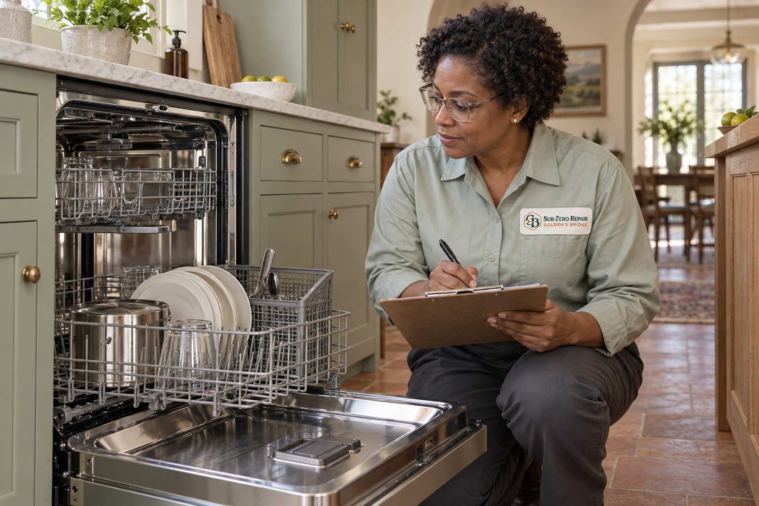 Fictional technician beside a Monogram dishwasher — AI illustration for Sub-Zero Repair Golden’s Bridge
