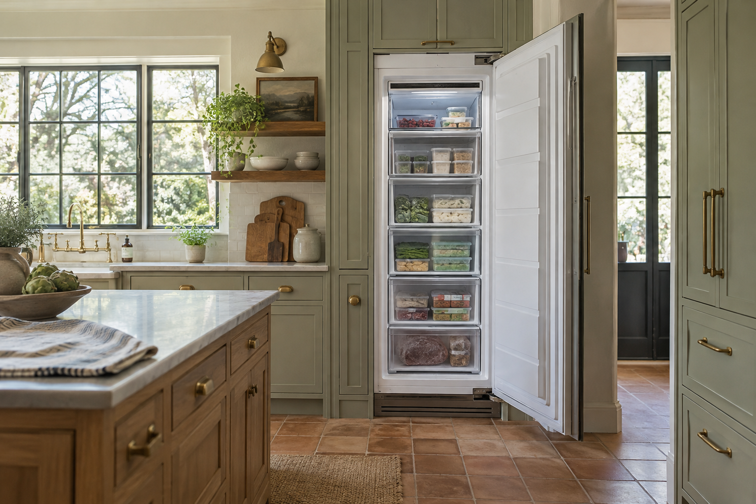 Illustrative Monogram freezer in a residential kitchen — AI image for Sub-Zero Repair Golden’s Bridge