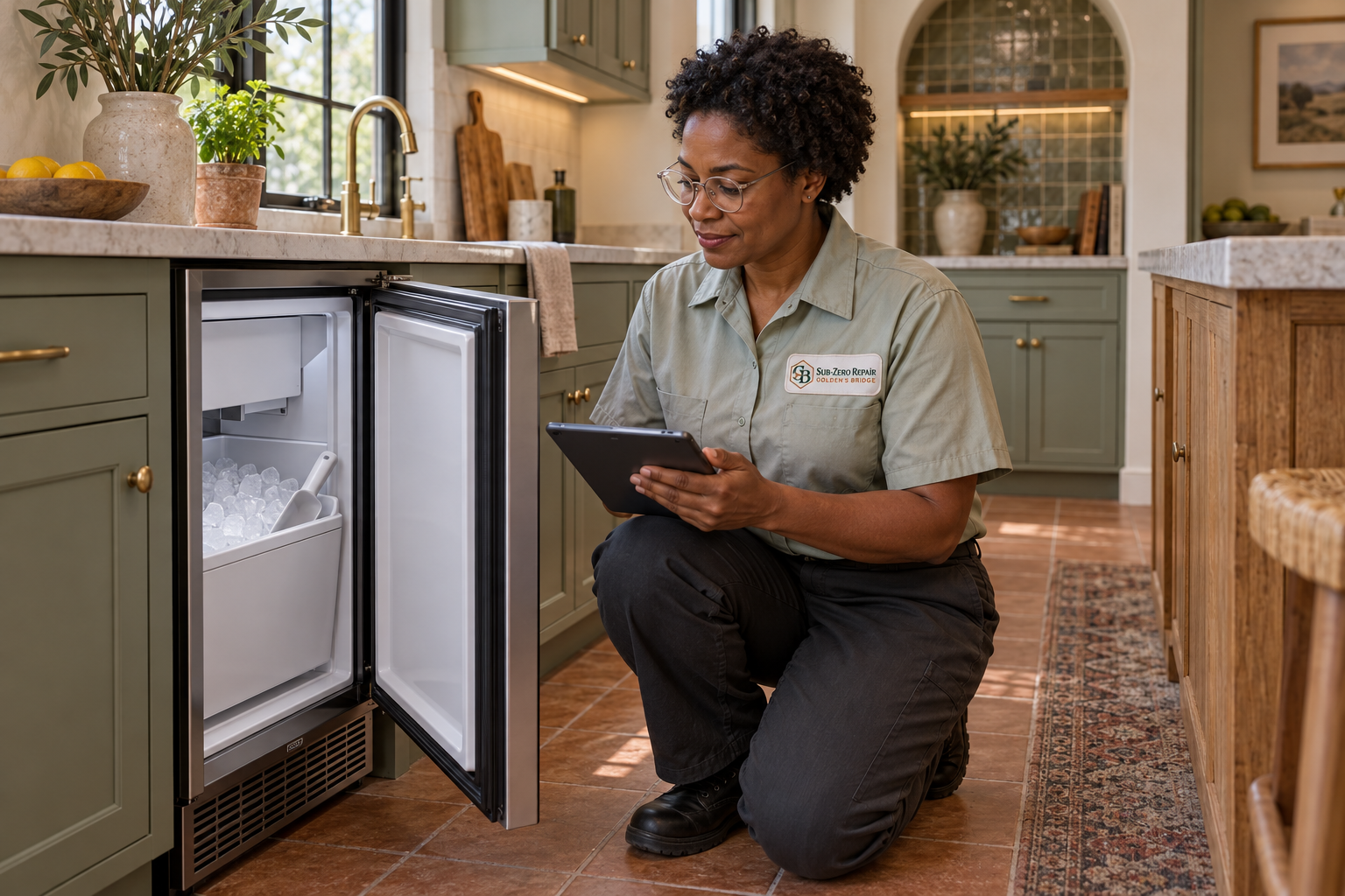 Fictional technician beside a Monogram ice maker — AI illustration for Sub-Zero Repair Golden’s Bridge