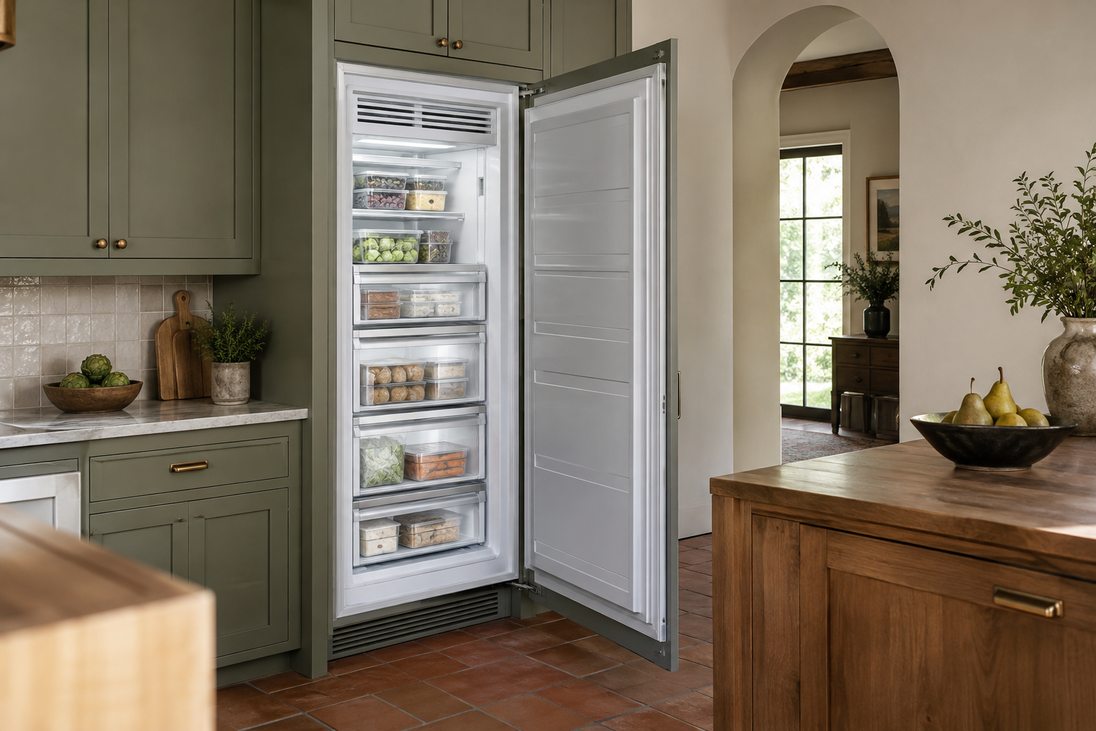 Illustrative Sub-Zero freezer in a residential kitchen — AI image for Sub-Zero Repair Golden’s Bridge