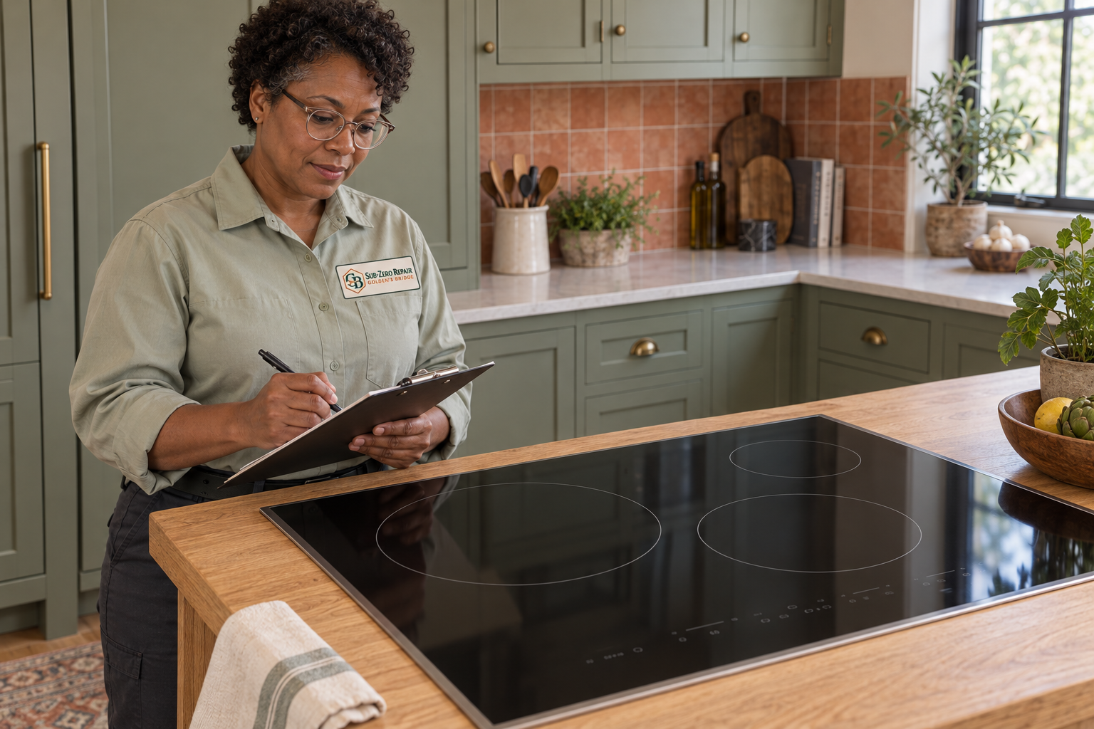 Fictional technician beside a Wolf cooktop — AI illustration for Sub-Zero Repair Golden’s Bridge